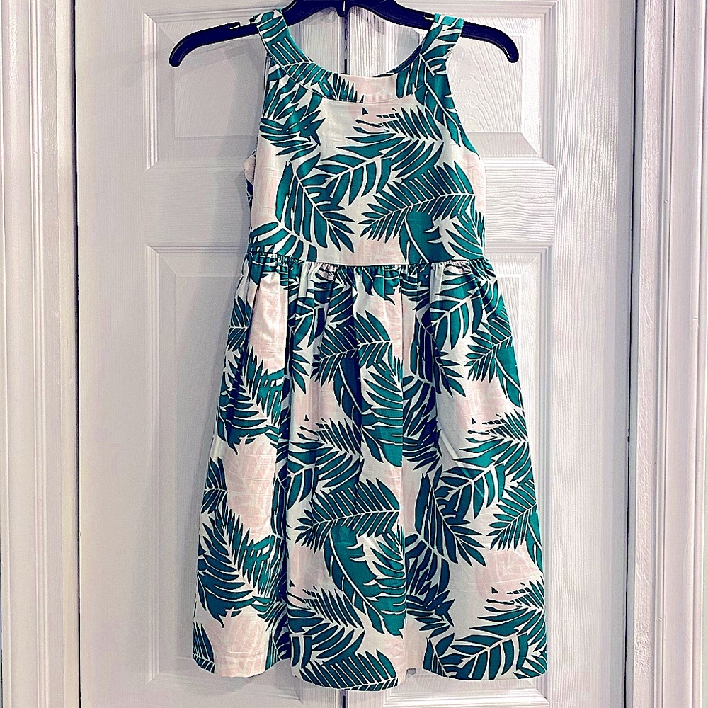 Precious Janie and Jack Island dress with blush pink and green palm leaves.